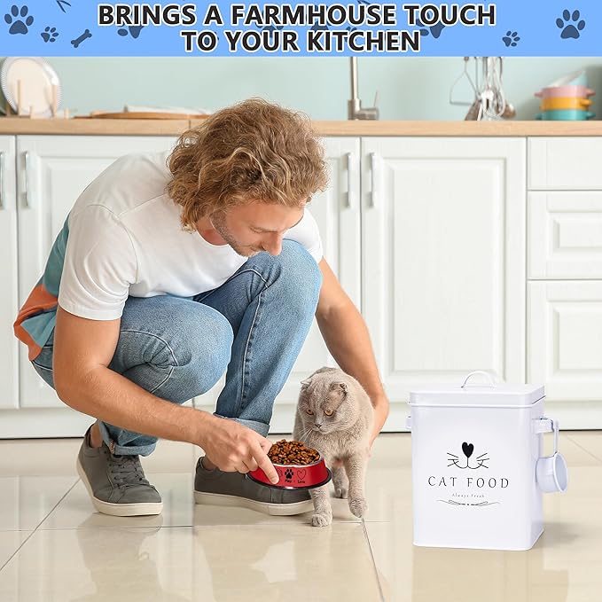 Meraki Home Farmhouse Cat Food and Treats Containers + Feed Scoop + Pet Food Bowl - Tight Lids - Large Metal Storage Bin - Great Gift for Cute Pets (Glossy White)