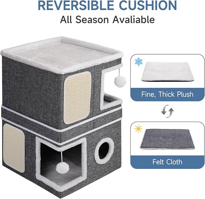 2-Storey Cat House for Indoor Cats, Separate Into 2 Large Cat Bed Cave with Hideaway Condos, Scratch Pads, Hanging Balls, Foldable Indoor Cat House Hold Up to 30LBS, Cat Cube for Multiple Cats Kitten