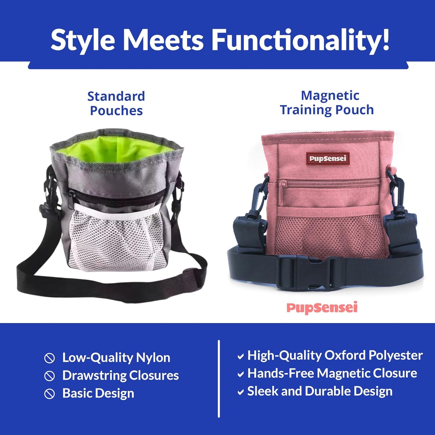 Dog Treat Pouch, Durable Oxford Polyester, No-Spill Magnetic Closure, Treat Pouches for Pet Training with Metal Clip, Waist Belt, Adjustable Strap, Poop Bag Dispenser (Light Pink)