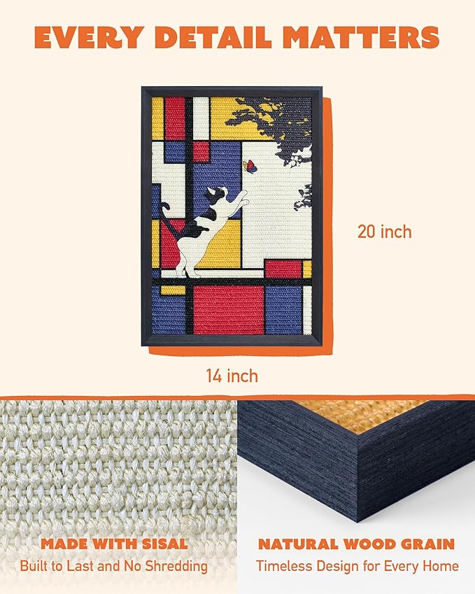 Decorative Wall Art Sisal Cat Scratcher with Vertical Mounted Setup, 14x20 Large & Durable Scratch Pad Ideal for Adult Cats with Gallery-Style Frame That Looks Like a Painting (Mondrian's Cat)