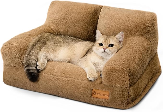 Cat Couch Bed - Cat Bed for Indoor Cats, Calming Pet Sofa Puppy Sleeping Bed with Removable Washable Cover, Cute Dog Couch and Kitty Lounge Chair for 12lbs Cats & Small Dogs(Brown)