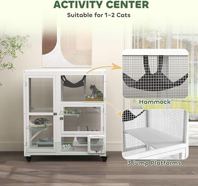 PawHut Indoor Wooden Catio, Cat House Cat Enclosure on Wheels with 3 Platforms, Hammock, Cat Flap Door & Openable Top, Luxury Kitty House for 2 Cats, 39", White