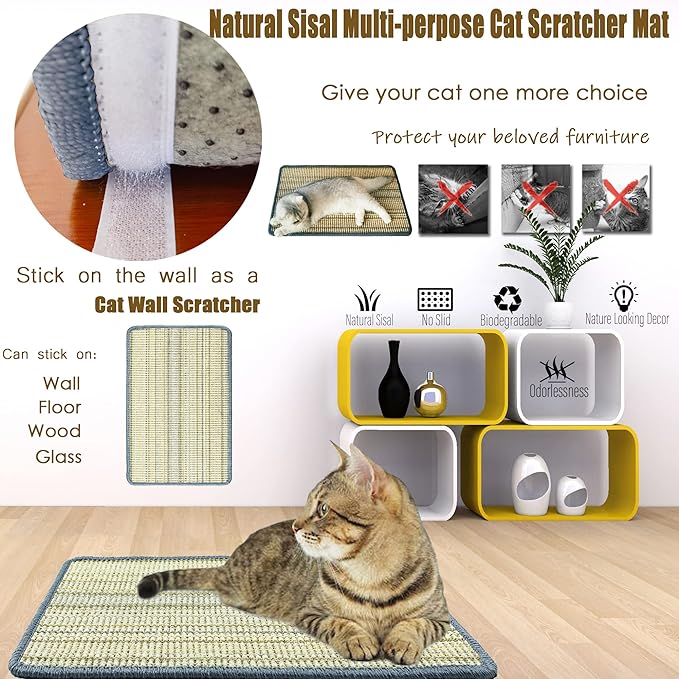 Cat Scratching Pad, 23.6 x 15.7inch Sisal Scratch Mat With Velcro Tapes, Stick on Floor Pad for Wall Scratcher, Horizontal Scratcher Protect Carpets and Sofa (Striped Style)