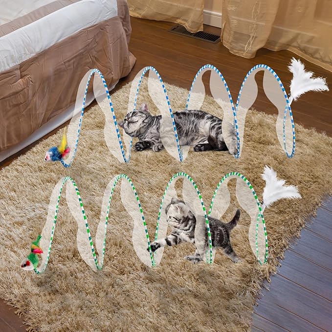 2-Piece Spiral Cat Tubes for Indoor Cats, Large Collapsible Tunnel with Feather Mouse Interactive Toy (Green + Blue & White)
