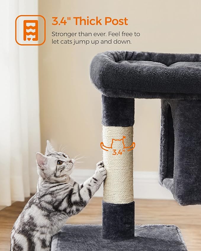 Feandrea Cat Tree, 33.1-Inch Cat Tower, L, Cat Condo for Large Cats up to 16 lb, Large Cat Perch, 2 Cat Caves, Scratching Post, Smoky Gray UPCT61G
