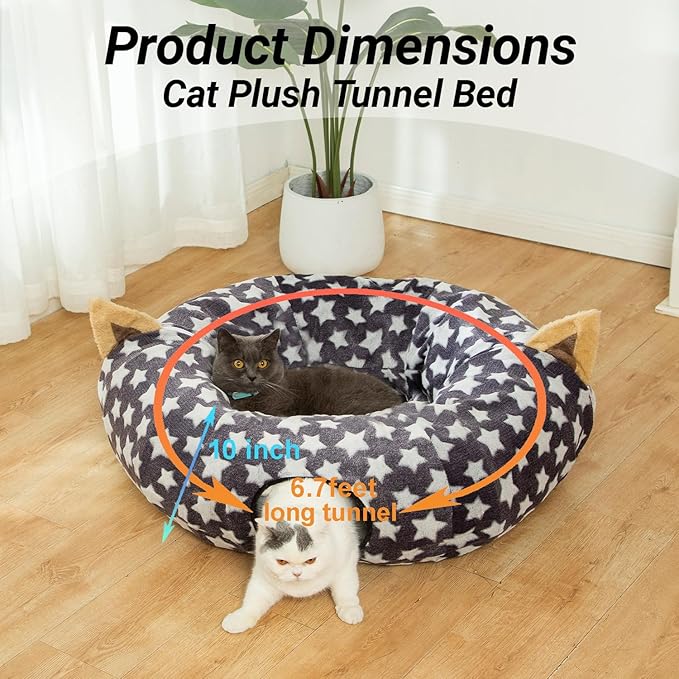 LUCKITTY Large Cat Tunnel Bed with Plush Cover,Fluffy Toy Balls, Small Cushion and Flexible Design- 10 inch Diameter, 3 ft Length- Great for Cats, and Small Dogs, Gray Star Pattern