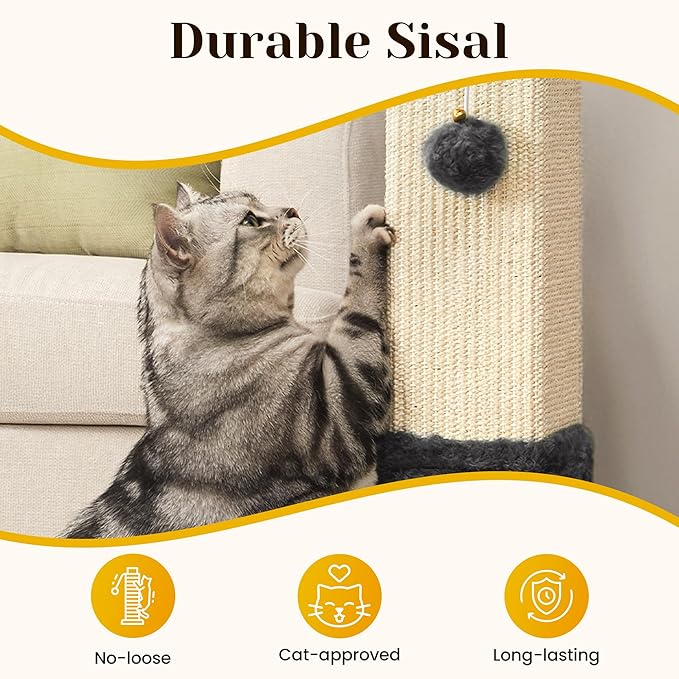Cat Scratching Post with Hanging Toy Ball, 32-Inch Tall Sisal Cat Scratcher for Indoor Cats, Grey