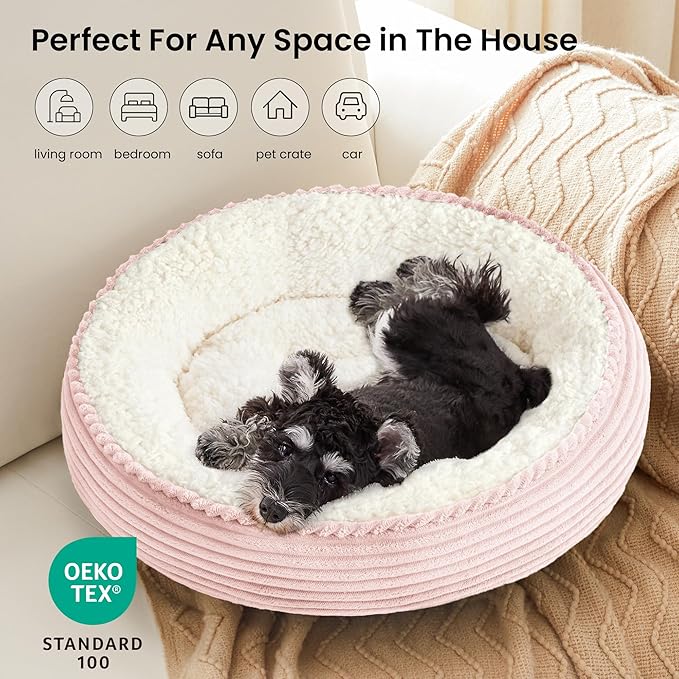 Love's cabin Round Donut Cat and Dog Cushion Bed, 25in Pet Bed for Small or Medium Dogs, Anti-Slip & Water-Resistant Bottom, Soft Durable Fabric Pet Beds, Washable Calming Cat Bed Pink Stripe