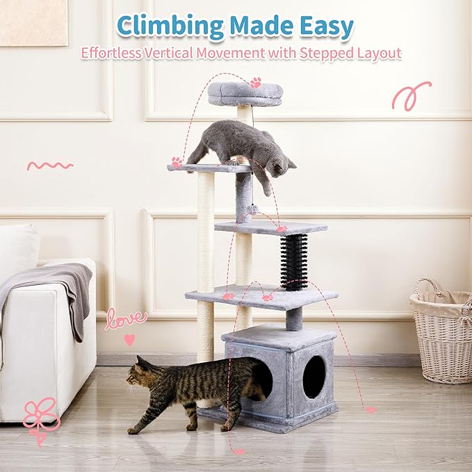 Made4Pets 52.4" Tall Multi-Level Large Cat Tower for Indoor Cats With Scratching Posts, Pompoms, Grooming Brush and Perch - Grey
