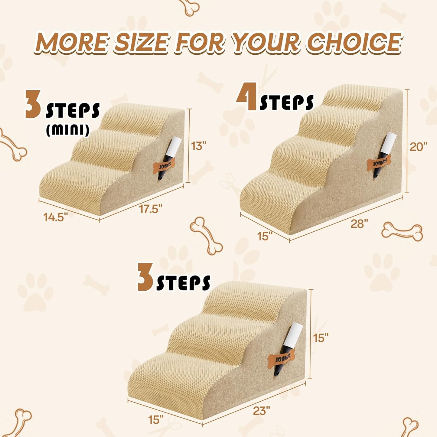 Romrol Dog Stairs Ramp for Beds Couches, Extra Wide Pet Steps with Durable Non-Slip Waterproof Fabric Cover, Dog Slope Stairs for Small Dogs and Cats or Pets Friendly, 3-Tiers, 13 Inch,Beige
