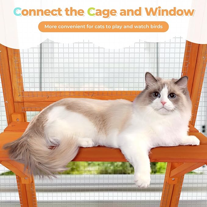 Large Wooden Catio Outdoor Cat Enclosure - Cat Play & Run Enclosures Indoor Kitty Window Catio with Waterproof Roof, 7 Platforms & 2 Resting Box, UV Resistant, 62.5" L x 32.5" W x 70" H, Orange