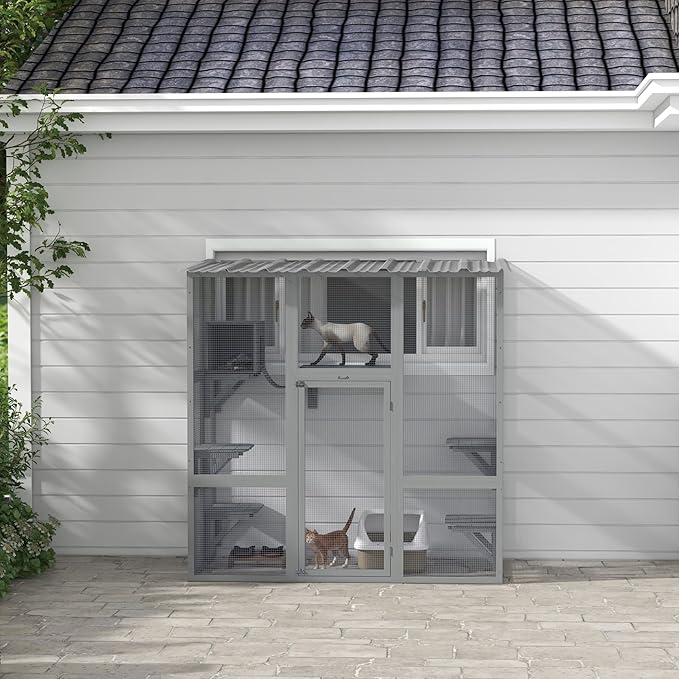 PawHut Catio Outdoor Cat Enclosure Window Box, Wooden Cat House Playground with Scratching Posts, Weather Protection Roof for 1-2 Kitties, Resting Boxes, 68" x 35.5" x 70.5", Gray