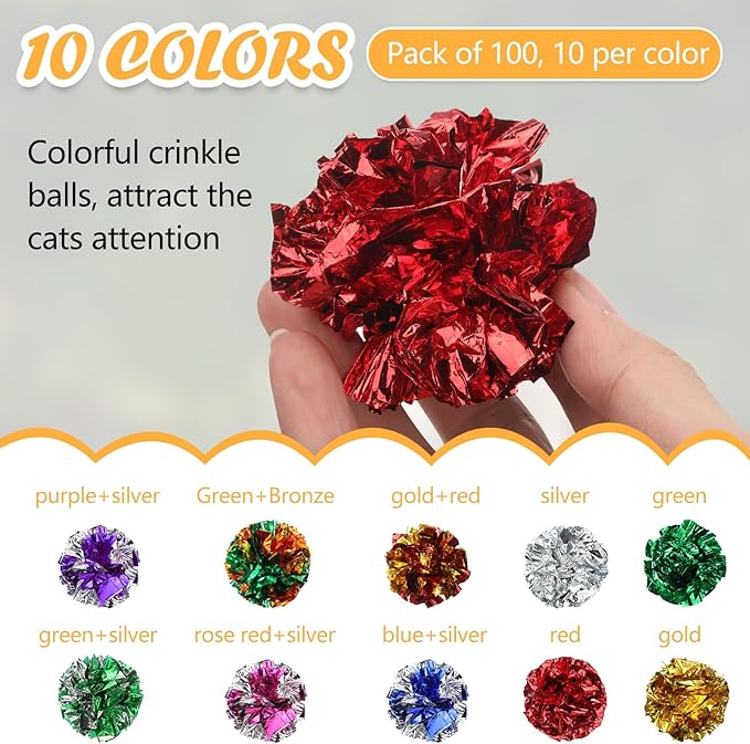 Silkfly 100 Pcs Polyester Film Crinkle Balls Cat Interactive Toys 2.36 Inch Colorful Chew and Chase Cat Ball Toys Attract Kittens for Indoor Keep Fit Active