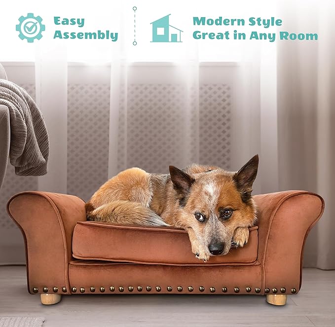 Critter Sitters 34-in. Faux Velvet Sofa in Brown for Medium-Sized Dogs and Cats, Durable and Stylish Dog Bed for Bedroom and Living Room