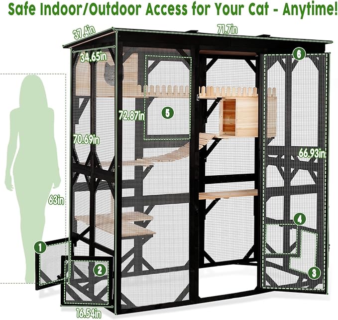 Catio Outdoor Cat Enclosure Wooden Cat House for Mulitiple Cats Walk-in Cage Window Acess with Heavy Duty Weather-Proof Asphalt Roof