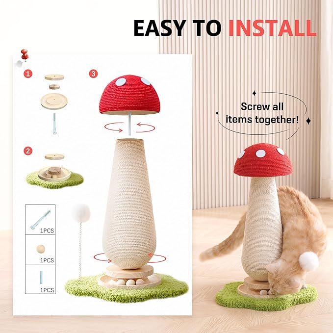 21.5‘’ H Cat Scratching Post with Catnip,Cute Mushroom Cat Scratcher Post with Durable Solid Wood Turntable Toy,Mushroom Shape Design Cat Toy Cat Sisal Scratcher for Indoor Cats (Cloud Base)
