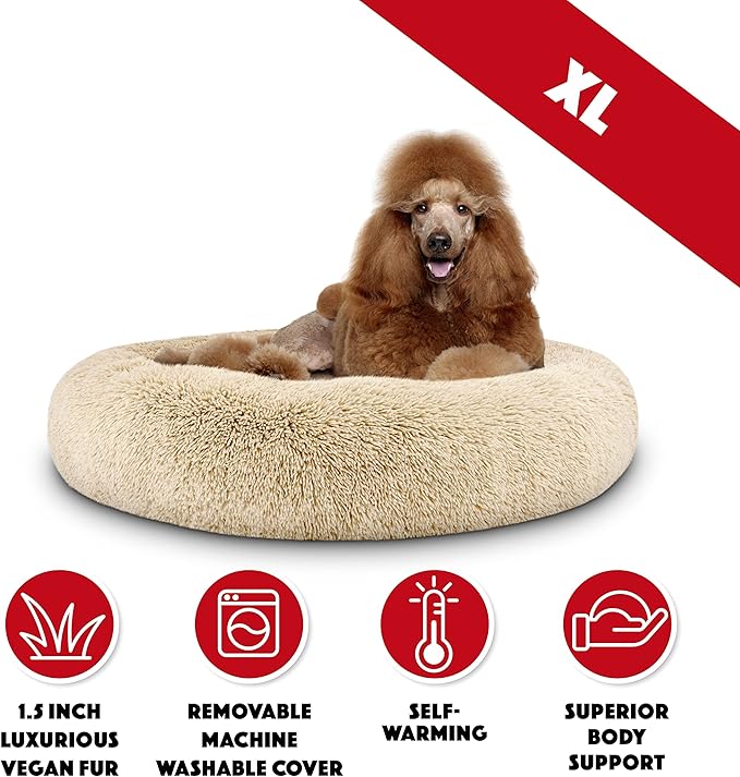 The Dog’s Bed Sound Sleep Donut Dog Bed, XL Beige Fur Calming Nest Bed Removable Cover, Veterinary Approved