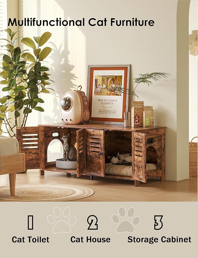 DINZI LVJ Litter Box Enclosure for 2 Cats, Hidden Litter Box Furniture with Double Rooms, Dual Cat Litter House, Front Doors, 47.2" Wooden Hidden Cat Washroom, Side End Table, TV Stand, Rustic Brown