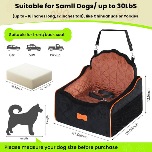 Dog Car Seat for Small Dogs Under 30lbs, Detachable Washable Pet Booster Seat with Safety Belt & Storage Pockets, Travel Car Bed, Black/Brown