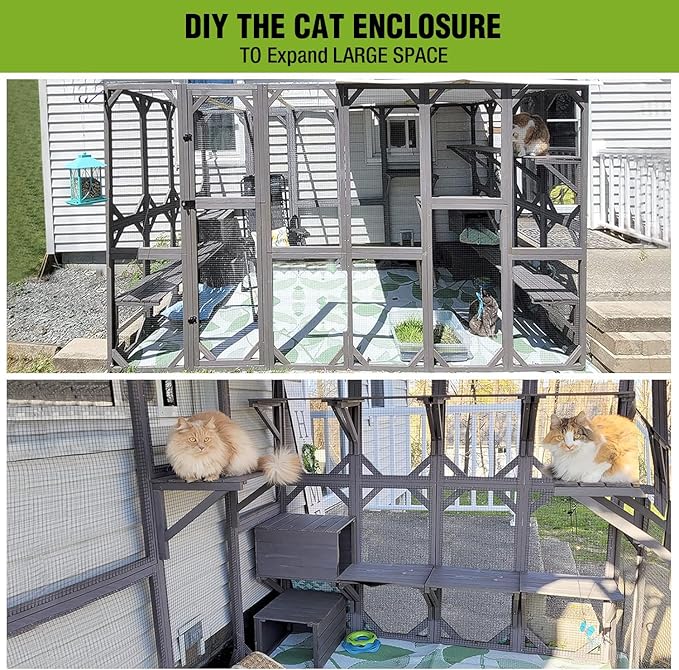 Gutinneen Catio Large Cat House Outdoor Walk in Outdoor Cat Enclosure Indoor Cage Kitty Condo Playpen with Door, Platform & Small House - 71"