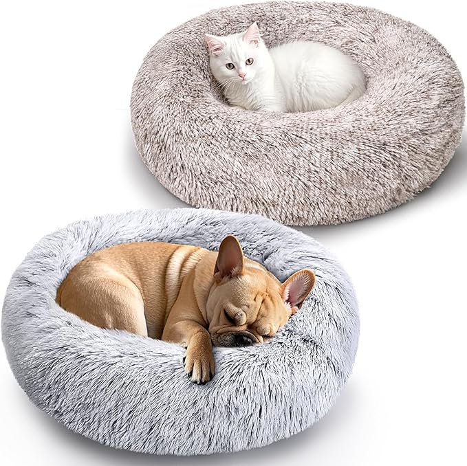 Calming Dog & Cat Bed 2 Pack, 20'' Cat Beds for Indoor Cats, Donut Bed for Puppy and Kitten, Washable Round Fluffy Pet Bed for Small Medium Dogs and Cats (Brown&Grey)