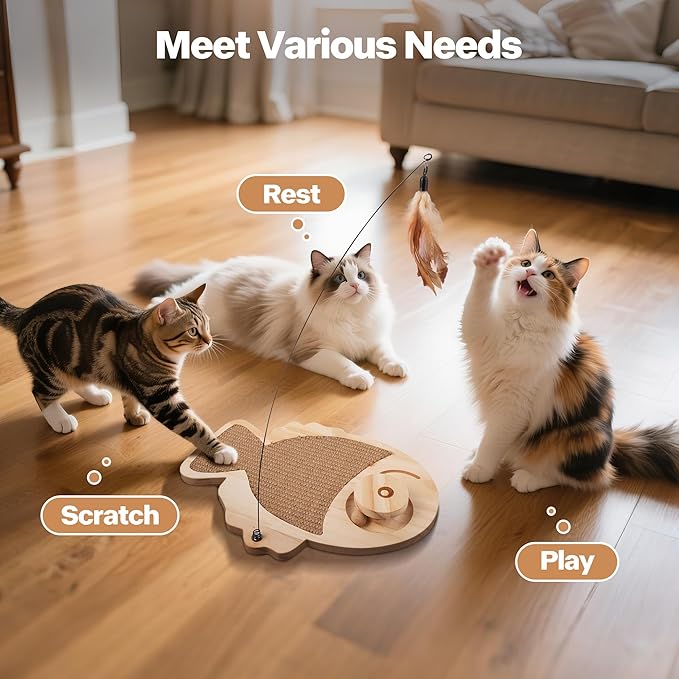 Pawise Cat Scratcher,Fish Shaped Cat Scratcher Toy,Natural Sisal Cat Scratching Board with Feather Teaser and Wooden Roller Ball Toy,Interactive Cat Toy for Indoor Cats,Kittens,+Replacement Feather
