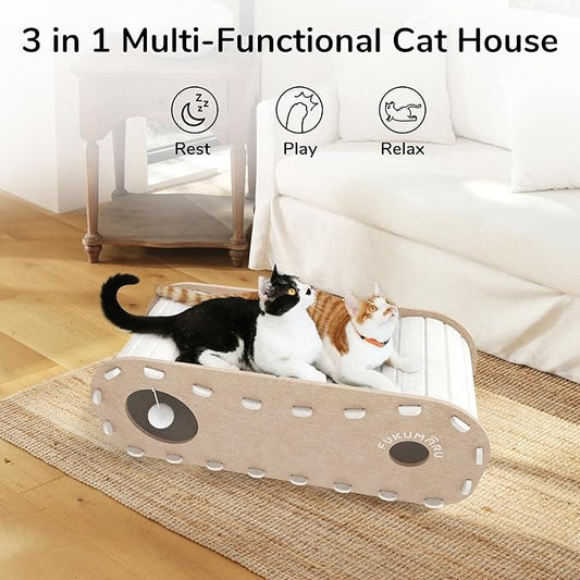 FUKUMARU Cat Beds for Indoor Pets, 31.5 Inches Extra-Large Cat Cave for Multi-Pet, Cozy House with Fluffy Ball Hanging, Scratch Resistant Felt Kitten Hideaway Bed, Feline Tunnel, Beige