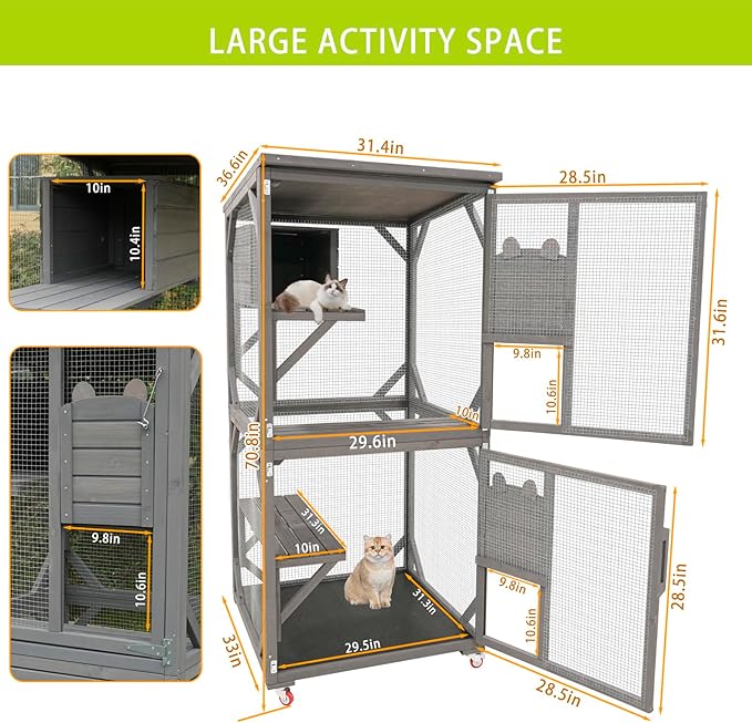 Cat House Wooden Cat Cage with Asphalt Roof, Outdoor Cat House, Wooden Cat House with Lounge Box, Large Kitten Apartment Cage Enclosure
