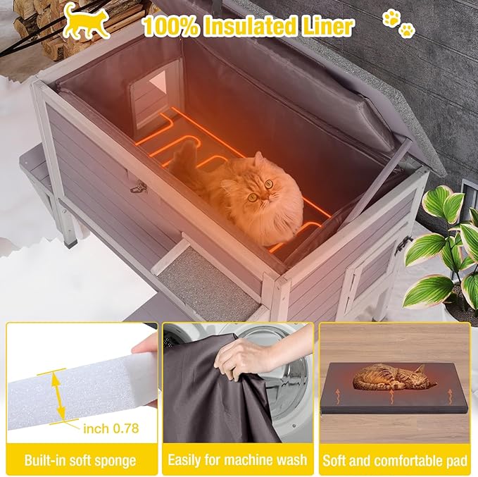 Aivituvin Cat House with Insulated Liner, Heated Feral Cats Shelter, Weatherproof Cat Condos Outdoor Indoor