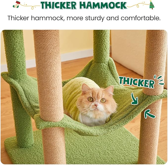 MWPO Green Modern Cat Tree, 70.1-Inch Large Wood Cat Tower for Indoor Cats, Multi-Level Tall Cat Condo with 2 Padded Perches, Hammock, Scratching Posts, Dangling Toys for Large Adult Cat