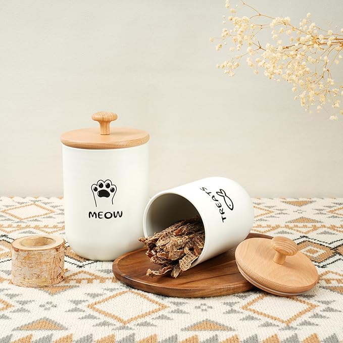 Cat Treat Container with Airtight Lid, Cat Food Oganizer Dry Food, Cat Food Storage Containers, Pet Treats Canister, Cat Treat Jar Set of 2-8.3x4.9 & 7.1x4.3 (White)