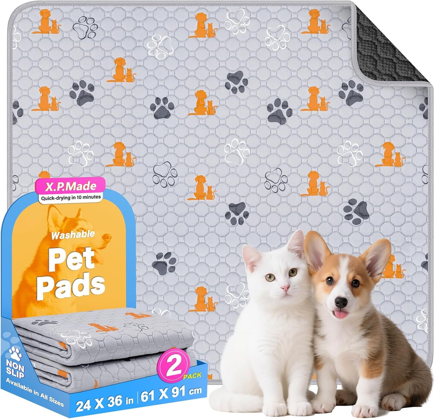 Washable Pee Pads for Dogs, 2 Pack Reusable Puppy Pads, Waterproof Pet Pee Pads for Dog Potty Training, Extra Large Dog Pee Pads for Crate, Playpen, and Whelping, Orange 24"x36"
