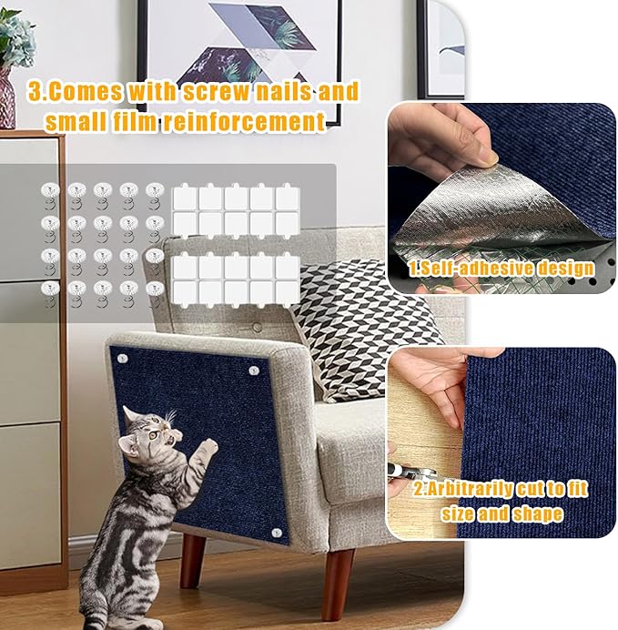 Cat Scratch Mat,118.5"x17.4" Trimmable Self-Adhesive Cat Scratch Furniture Protector, Sticky Cat Scratcher Wall Mat, Covering Cats Tower, Couch Protector from Cats Claws (Dark Blue)