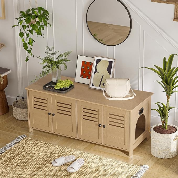 DINZI LVJ Litter Box Enclosure for 2 Cats, Hidden Litter Box Furniture with Double Rooms, Dual Pet House with Good Ventilation, 47.2" Hidden Cat Washroom, Wooden Cabinet, Easy Assembly, Natural