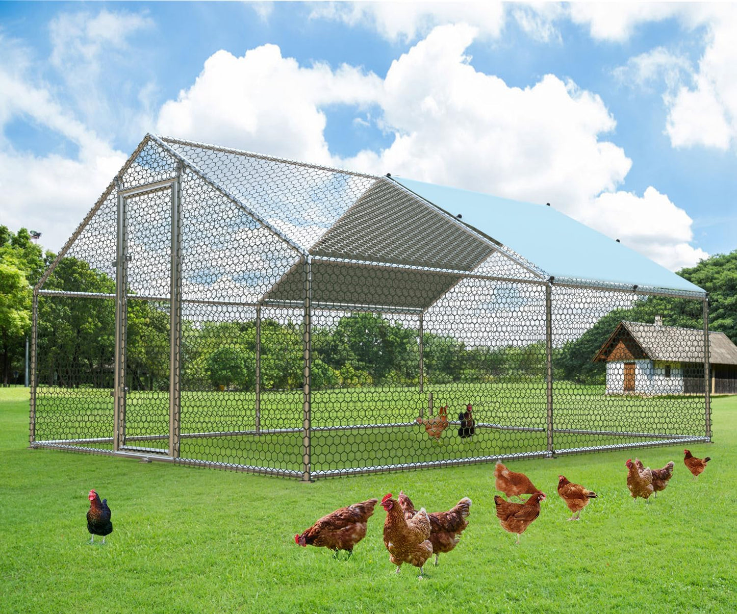1.26'' Large Metal Chicken Coop Run Walk in, Chicken Runs for Yard with Cover, Chicken Pens Outdoor, Spire Roofed Outside Dog Kennel with Roof (9.8’Lx13.1’Wx6.4’H)