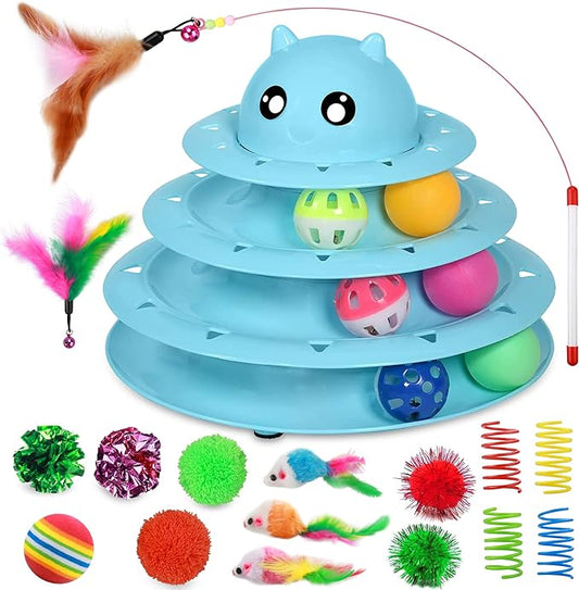 UPSKY 20 PCS Cat Roller Toy 3-Level Turntable for Indoor Cats - Kitten Set With Teaser, Mice, Spring, and Various Ball Toys