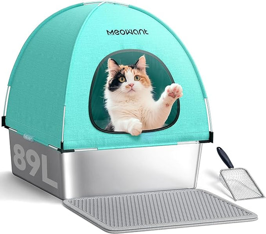 Extra Large 3-in-1 Enclosed Stainless Steel Cat Litter Box with Lid, High-Sided Oxford Cover, Metal Scoop, Odor Free, Leakproof & Easy-Clean Design