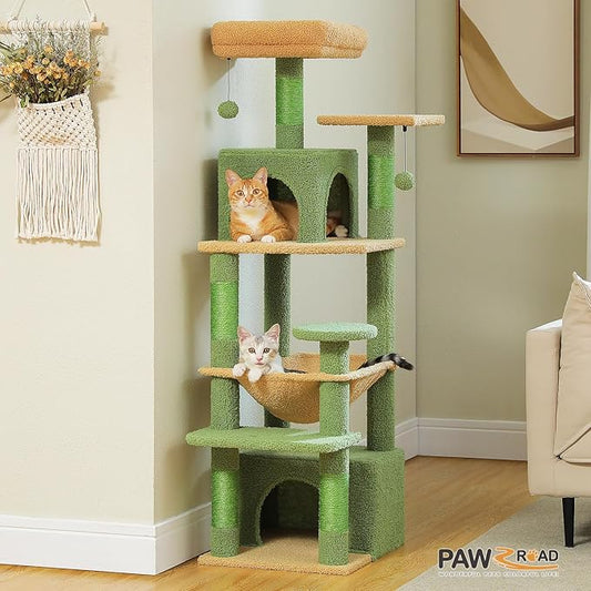 PAWZ Road Cat Tree, 53.5 Inches Tall Cat Tower with Spacious Hammocks, Condos and Scratching Posts, Cat House with Dual Padded Perches for Indoor Large Cats-Green
