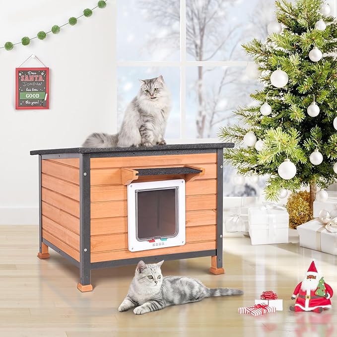 Outdoor Cat House Rainproof All Round Metal Frame Wooden Condos, Indoor and Outdoor Use for Rabbit,Small Animal Feral Cat Shelter