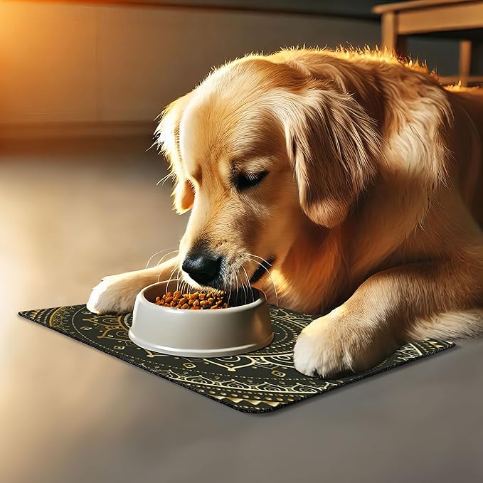 Lunarable Mandala Pet Mat for Food and Water, Tribal Harmonyic Art Illustration Print, Non-Slip Rubber Mat for Dogs and Cats, 18" X 12", Yellow Beige