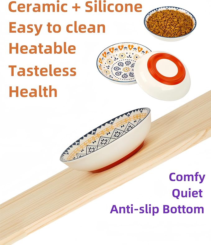 3-Pack Ceramic Cat Food Bowl, Non-Slip Whisker Fatigue Cats Bowl, 5.5” Shallow Dish for Food, Boho Flat Kitten Bowls, Small Kitten Plates for Indoor Cats with Silicone Bottom