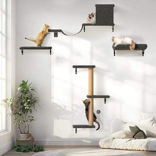 FUKUMARU Cat Wall Shelves, Stable & Safe 4 in 1 Cat Furniture Set, Wooden Climbing Wall with Scratching Post for 16 Inch Drywall - Gray