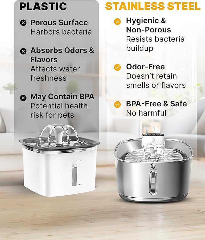 Wireless Cat Water Fountain, 3.2L/108oz Battery Operated Pet Fountain Stainless Steel, Automatic Cat Drinking Fountain Cordless & Rechargeable with Motion Sensor, 2 Filters and 1 mat