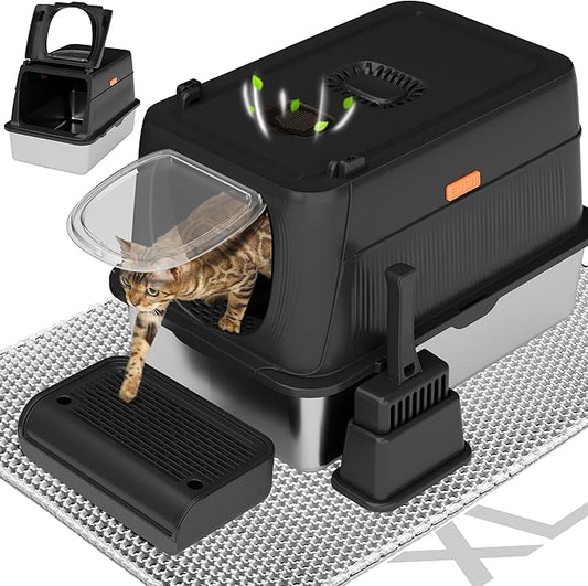 Citylife Stainless Steel Cat Litter Box with Lid，XL Extra Large Enclosed Removable Metal Litter Box with Litter Scoop&Double Layer Litter Mat,Non-Sticky，Non-Odor,Easy Cleaning, for Big Cats，Black