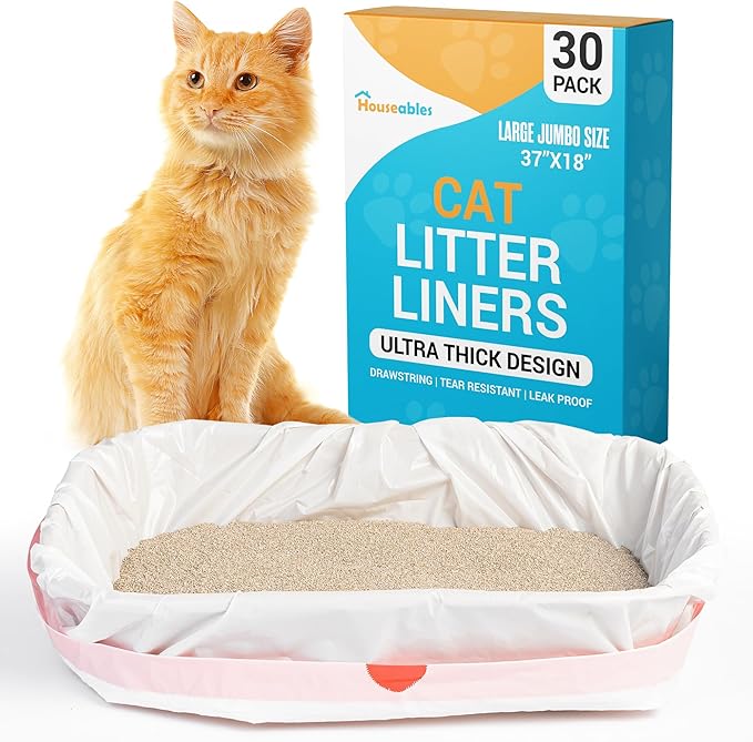 Houseables Cat Litter Bags, Cat Box Liners, Litter Box Liners, Litterbox Bags, 30 Pack, For Kitty Pan, Jumbo, Large, Heavy Duty, Poop Holder, Waste, Trash, Disposable, Unscented, Catliner w/Drawstring