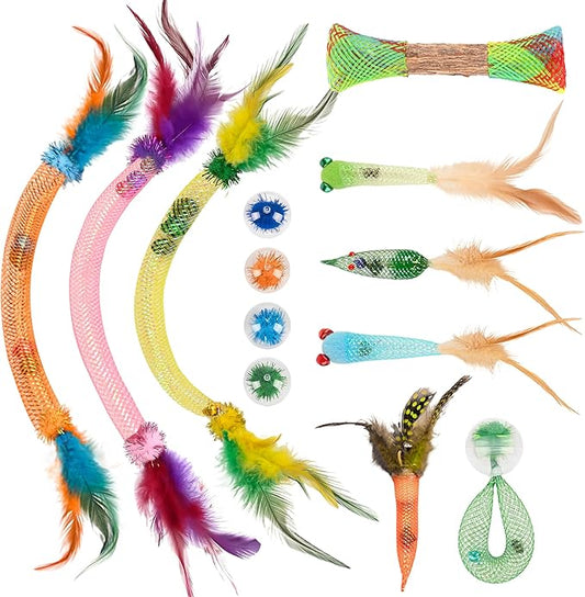 Cat Toy Set - 4 Styles Interactive Cat Feather Toy with Catnip & Dental Mesh & Bells, 2 Style Sparkle Balls & Matatabi Silvervine Sticks for Teeth Cleaning, Ideal for Cat Birthday Gifts
