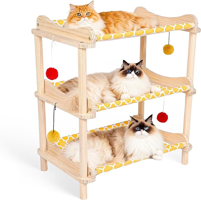 Large 3-Layer Cat Hammock Bed, 24"x15.7"x26.8" Elevated Cat Bed with Pine Wood Frame, Breathable Washable Covers, Wooden Pet Furniture for Indoor Cats and Small Animals (Orange, 3-Tier)