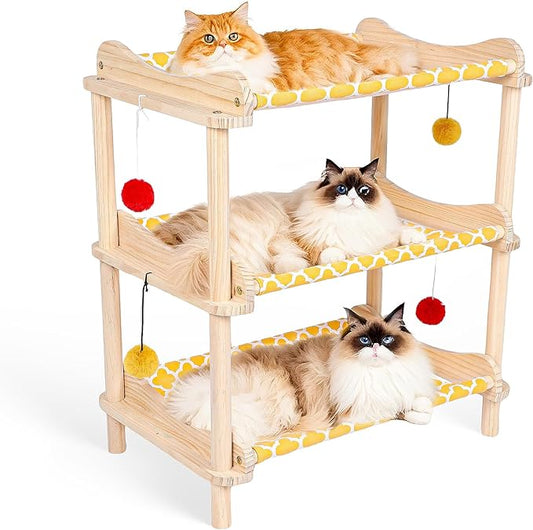 Large 3-Layer Cat Hammock Bed, 24"x15.7"x26.8" Elevated Cat Bed with Pine Wood Frame, Breathable Washable Covers, Wooden Pet Furniture for Indoor Cats and Small Animals (Orange, 3-Tier)