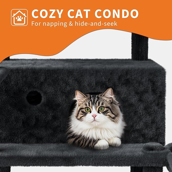 68.5 Inch Multi-Level Cat Tree, Plush Cat Tower with Condo/Sisal Scratching Posts/Hammocks/Basket/Dangling Ball/Platform, Heavy Duty Cats Tree to Play and Sleep, 2604#Dark Grey