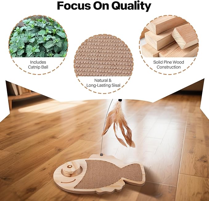 Pawise Cat Scratcher,Fish Shaped Cat Scratcher Toy,Natural Sisal Cat Scratching Board with Feather Teaser and Wooden Roller Ball Toy,Interactive Cat Toy for Indoor Cats,Kittens,+Replacement Feather